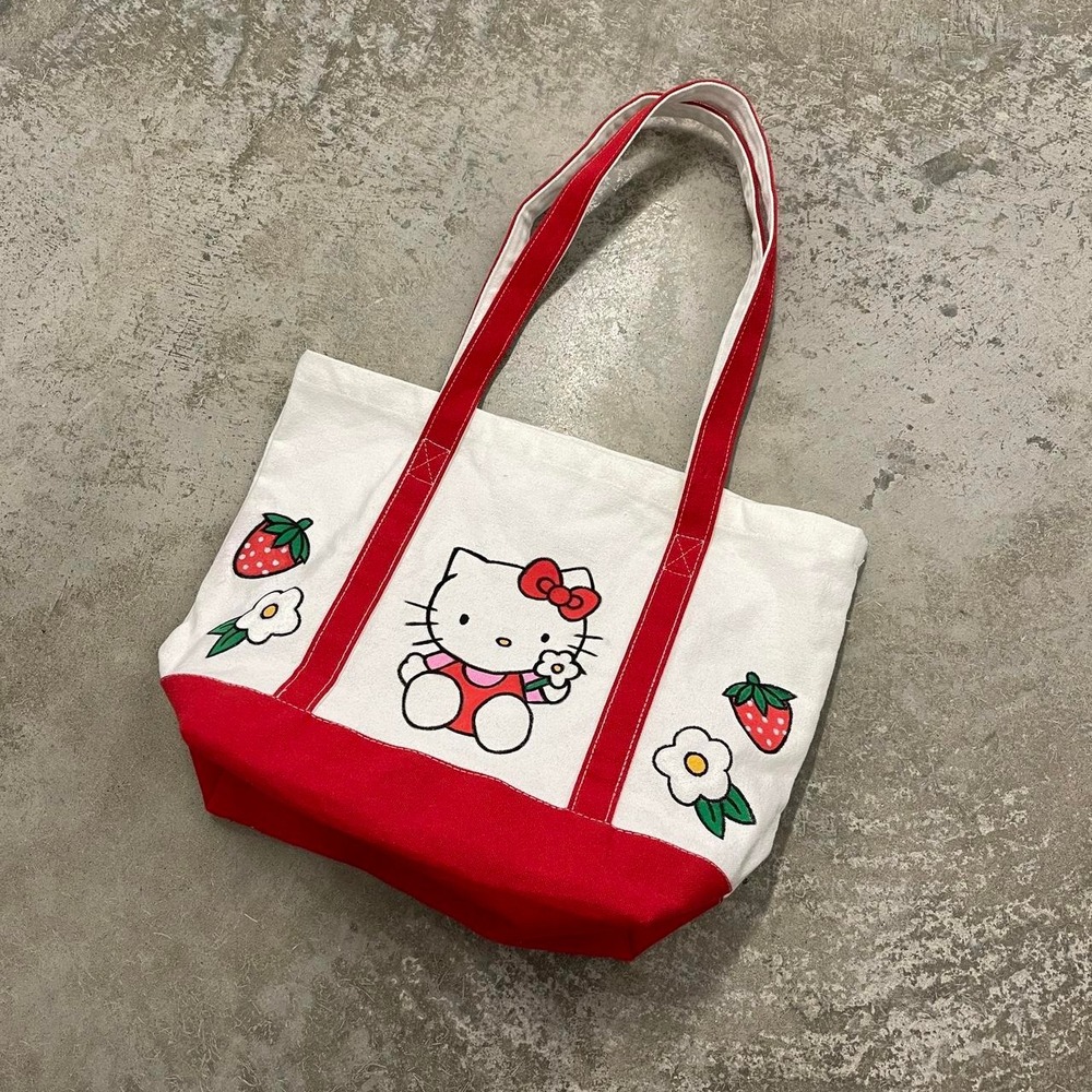 Vintage Hello Kitty Y2K Red White Canvas Tote Bag Strawberry Sanrio RN163199